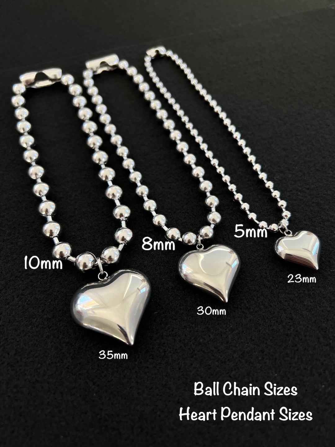 ★PEARLY MORE★ Romantic Heart Ball Chain Choker Necklace Chunky Heart Necklace / Stainless Steel Ball Chain / Silver