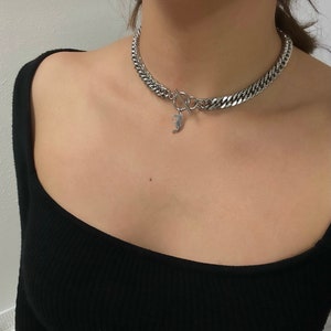 Letter Charm Necklace, Silver Chunky Chain Choker, Stainless Steel, Curb Chain Choker, Customizable, Non Tarnish, Personalized Gift, Letter image 3