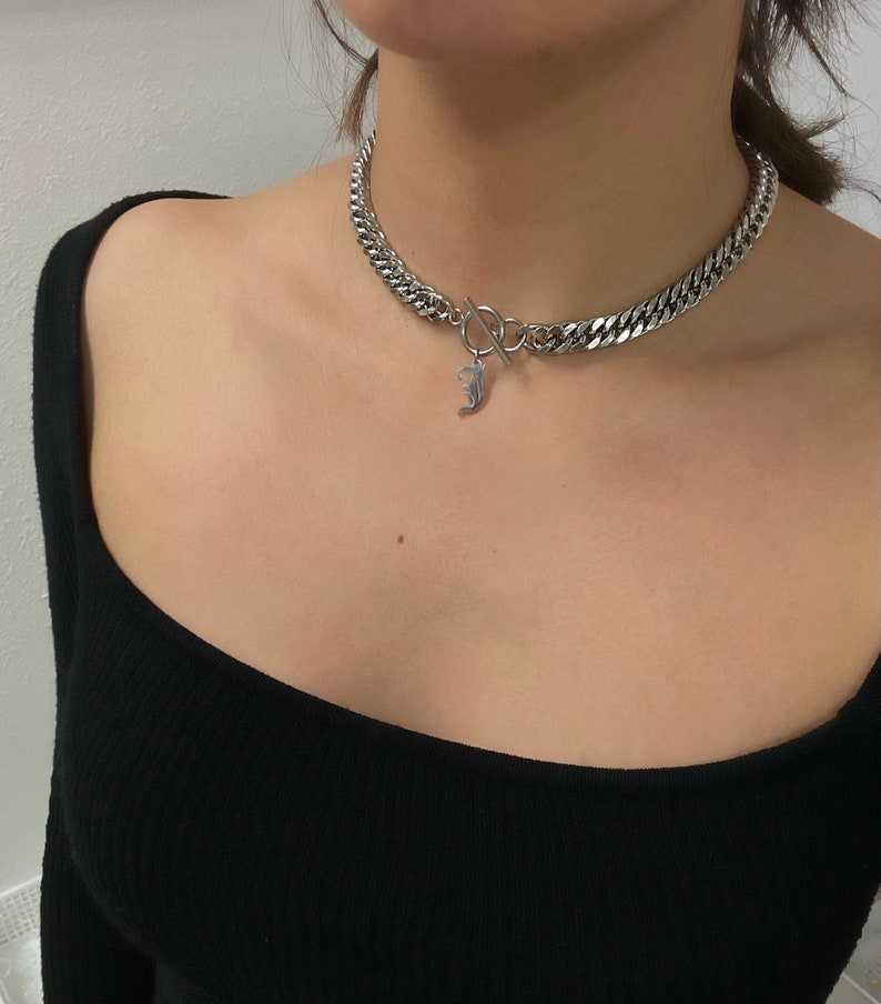 Letter Charm Necklace, Silver Chunky Chain Choker, Stainless Steel, Curb Chain Choker, Customizable, Non Tarnish, Personalized Gift, Letter image 3