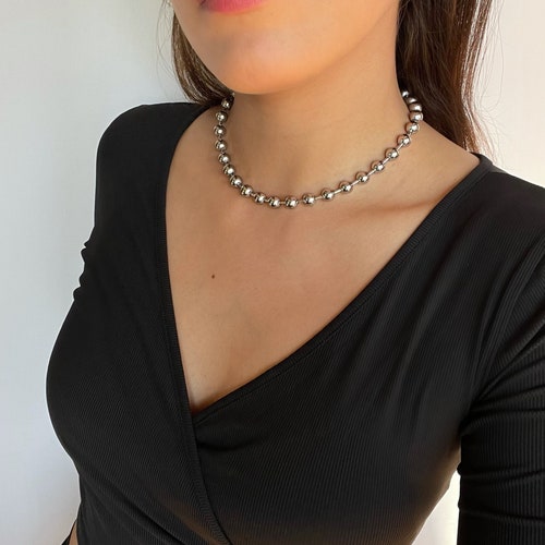 Silver Puffed Heart Ball Chain Choker Stainless Steel Necklace Etsy