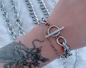 Chunky Cable Chain Link Bracelet| Silver Link Bracelet| Stainless Steel| Unisex Bracelets| Y2k Jewelry| Toggle| Waterproof| Cable Bracelet