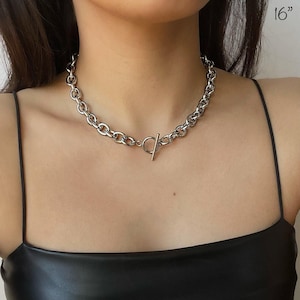 Chunky Cable Link Necklace | Stainless Steel | Silver Toggle Choker | Cable Link Chain | Thick Silver Oval Link Chain | Waterproof jewelry