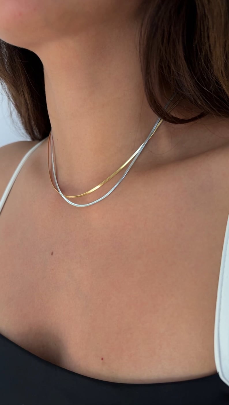 Gold Dainty Snake Chain Herringbone Necklace Layering Necklace Dainty Silver Necklace Minimalist Gold Snake Chain Gifts for Her image 6