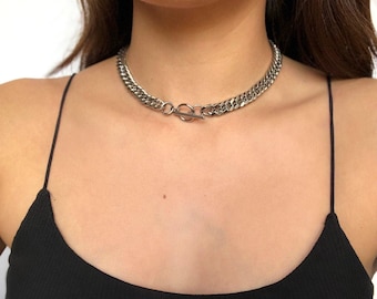Curb Chain Necklace, Silver Link Choker, Stainless Steel, Toggle Closure, Curb Chain Choker, Silver Necklace, Waterproof, Hypoallergenic