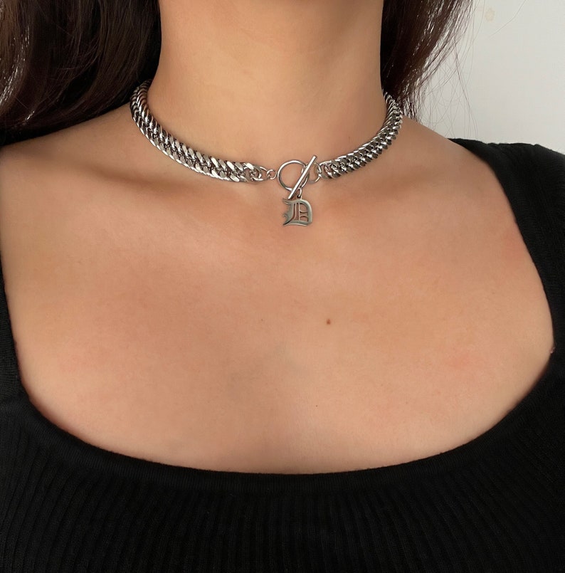 Letter Charm Necklace, Silver Chunky Chain Choker, Stainless Steel, Curb Chain Choker, Customizable, Non Tarnish, Personalized Gift, Letter image 1