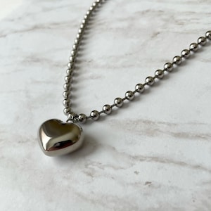 Bubble Heart Ball Chain Necklace, Stainless Steel, Silver Ball and Chain Choker, Dog Tag Chain, Chunky Ball Chain, Grunge, Valentines Gift