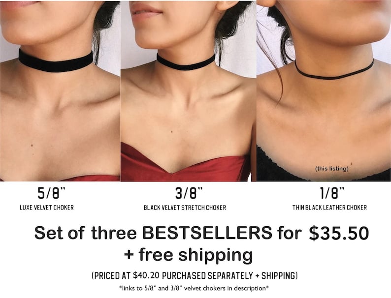 Black Leather Choker, Gothic Thin Black Chokers, STAINLESS STEEL, Leather Ribbon Choker, Dainty Black Choker, Thin Black Chokers Women's image 6