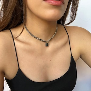 Curb Chain Padlock Necklace, Stainless Steel, Silver Curb Chain Necklace, Gifts for Women, Silver Necklace, Non Tarnish, Padlock charm chain