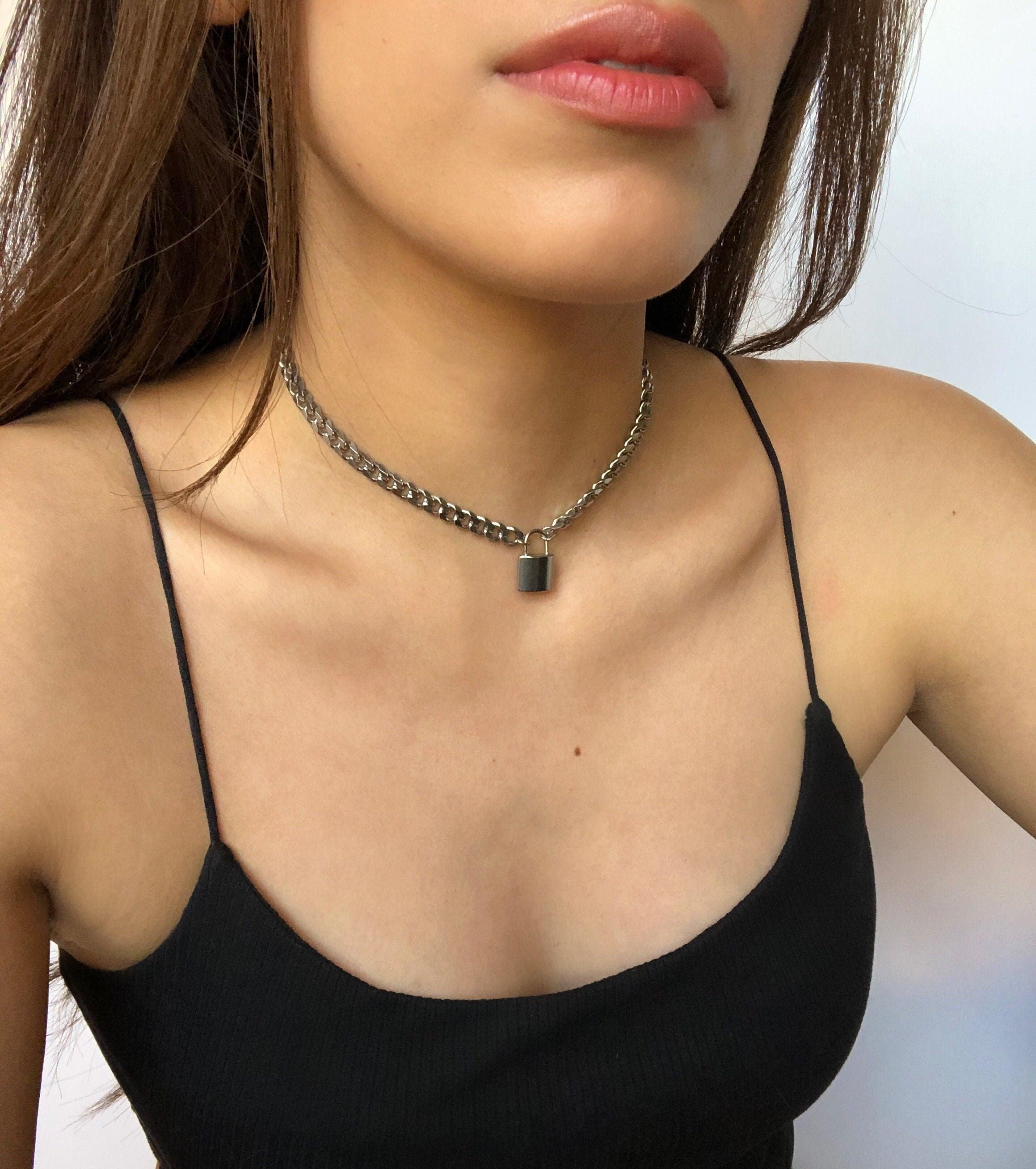 Curb Chain Padlock Necklace, Stainless Steel, Silver Curb Chain Necklace, Gifts for Women, Silver Necklace, Non Tarnish, Padlock charm chain