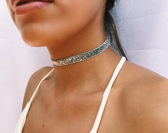 Silver Choker STRETCHY Ribbon /Thin Silver Choker/Glittery Choker Jewelry/Grey Choker Necklace/ Glitter Choker/ Halloween/ Cosplay