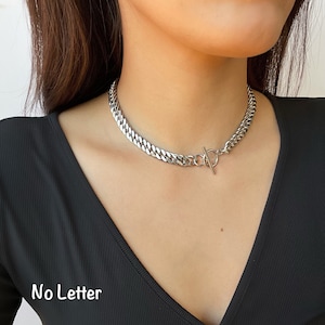 Letter Charm Necklace, Silver Chunky Chain Choker, Stainless Steel, Curb Chain Choker, Customizable, Non Tarnish, Personalized Gift, Letter No Letter