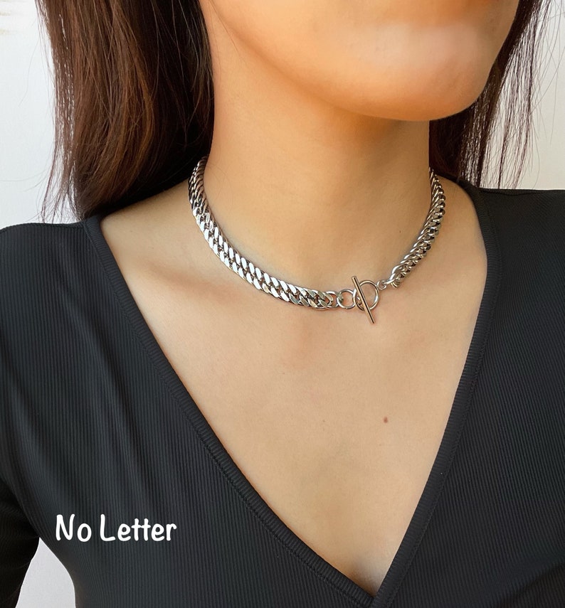 Letter Charm Necklace, Silver Chunky Chain Choker, Stainless Steel, Curb Chain Choker, Customizable, Non Tarnish, Personalized Gift, Letter No Letter