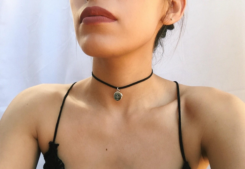 Thin black chokers/black choker with silver pendant/dainty black chokers/Tree of Life Choker/delicate black choker/black leather choker image 1