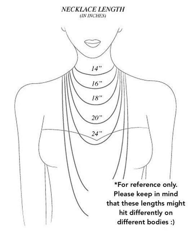 May include: A line drawing of a person's neck and shoulders with different necklace lengths marked in inches. The lengths are 14 inches, 16 inches, 18 inches, 20 inches, and 24 inches. The text below the drawing says "For reference only. Please keep in mind that these lengths might hit differently on different bodies."