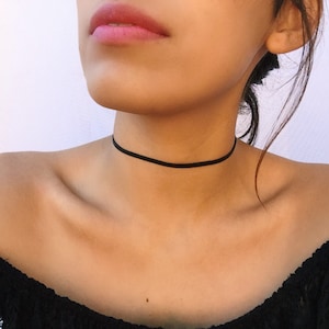 Black Leather Choker, Gothic Thin Black Chokers, STAINLESS STEEL, Leather Ribbon Choker, Dainty Black Choker, Thin Black Chokers Women's