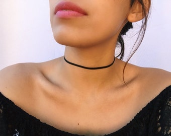 Zwart lederen choker, gotische dunne zwarte chokers, ROESTVRIJ STAAL, lederen lint choker, sierlijke zwarte choker, dunne zwarte chokers dames