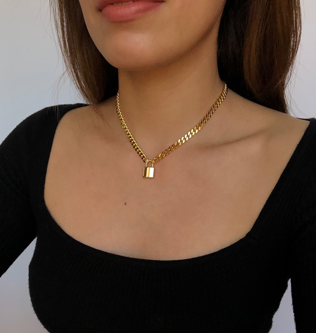 Padlock Chain Necklace / 18K Gold Plated Choker / Gold Lock Necklaces ...