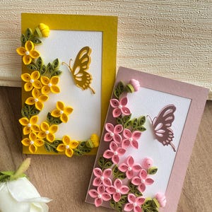 Set mit 2 Quilling Grußkarten - Blankokarten zum Geburtstag - Danke - Herzlichen Glückwunsch - Jubiläum - mit verpackten Umschlägen - 10,5 x 15 cm