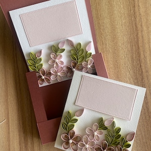 Juego de 3 tarjetas de notas de quilling en blanco con sobres en caja, tamaño 4 x 4,5 pulgadas