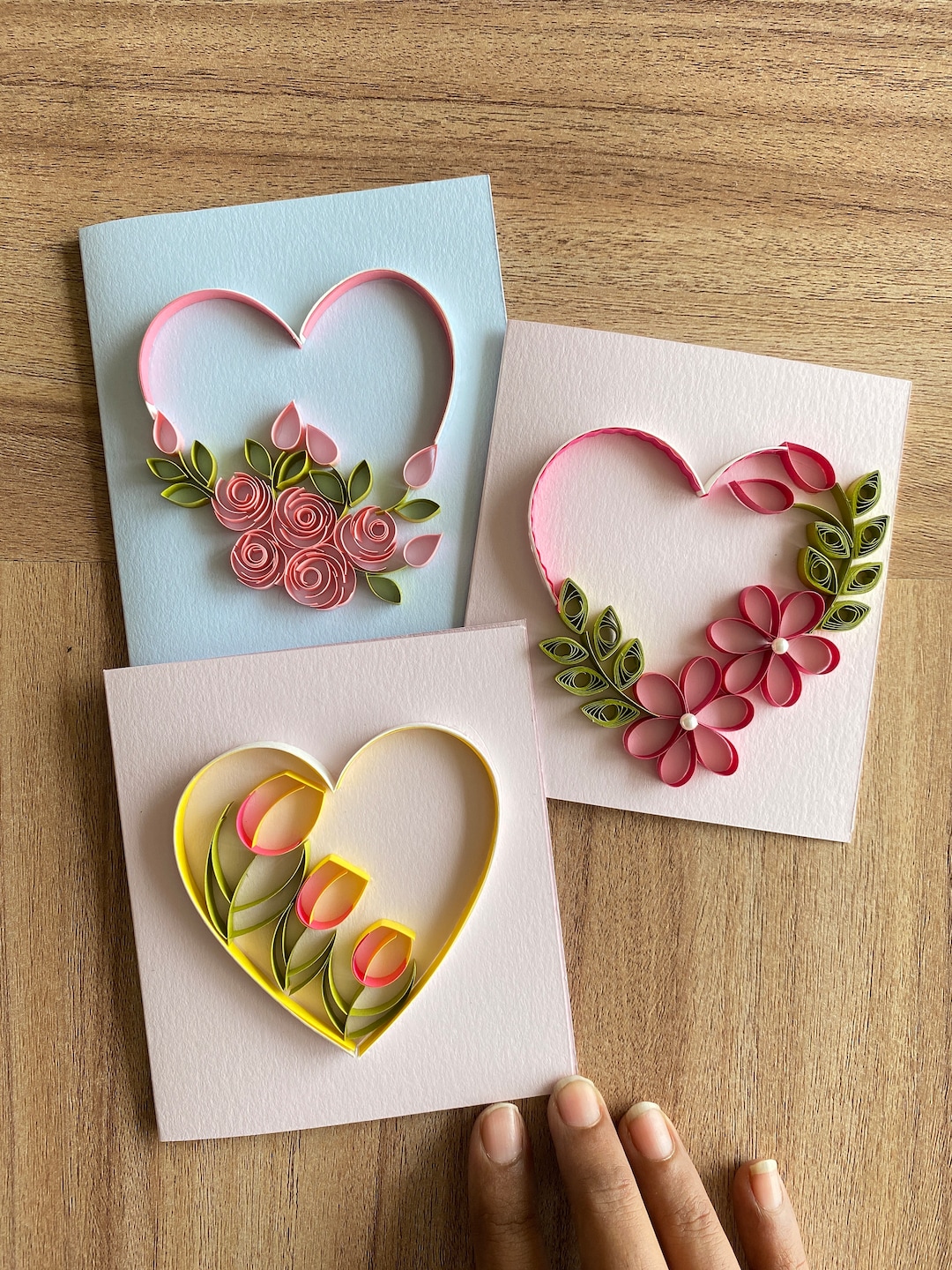 Set of 3 Quilling Valentines Note Cards With Boxed Envelopes