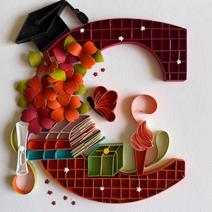 Carte de voeux personnalisée Quilling pour la remise des diplômes avec enveloppe en boîte. 20 x 20 cm, carte de voeux vierge, carte pour l'obtention du diplôme de fille