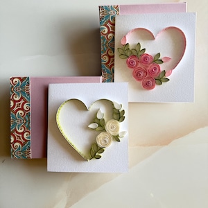 set van 3 Quilling Rose-kaarten met kartonnen enveloppen. Verjaardagskaart, Valentijnsdagkaart, liefdeskaart, felicitatiekaart