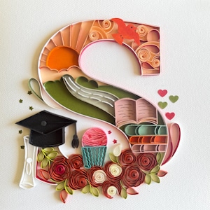 Biglietto di auguri di laurea personalizzato con quilling e busta con scatola. 8 x 8 pollici, biglietto per il giorno della laurea, biglietto per la celebrazione della laurea