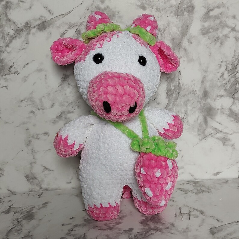 Crochet Cow Stuffed Animal. Amigurumi Strawberry Cow. Brown Cow. Mint