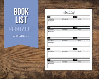 Printable Book List - Planner Insert - Book Worksheet - Black and White - Letter Size