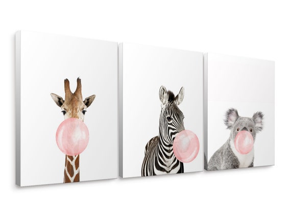Giraffe Zebra Koala, 3-piece Pink Bubble Gum Animals Canvas Wall