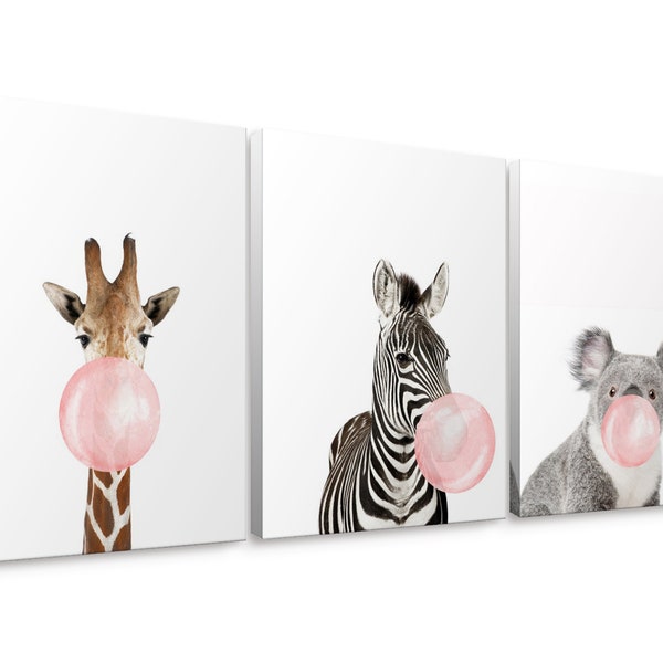 Giraffe Zebra Koala, 3-Piece Pink Bubble Gum Animals Canvas Wall Art Home Decor, Gallery Wrapped & Ready to Hang