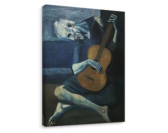 May include: A canvas print of a painting depicting a seated, elderly figure in shades of blue, playing a guitar. The artwork features a somber mood, with the figure's face and hands rendered in a pale hue against a darker background.
