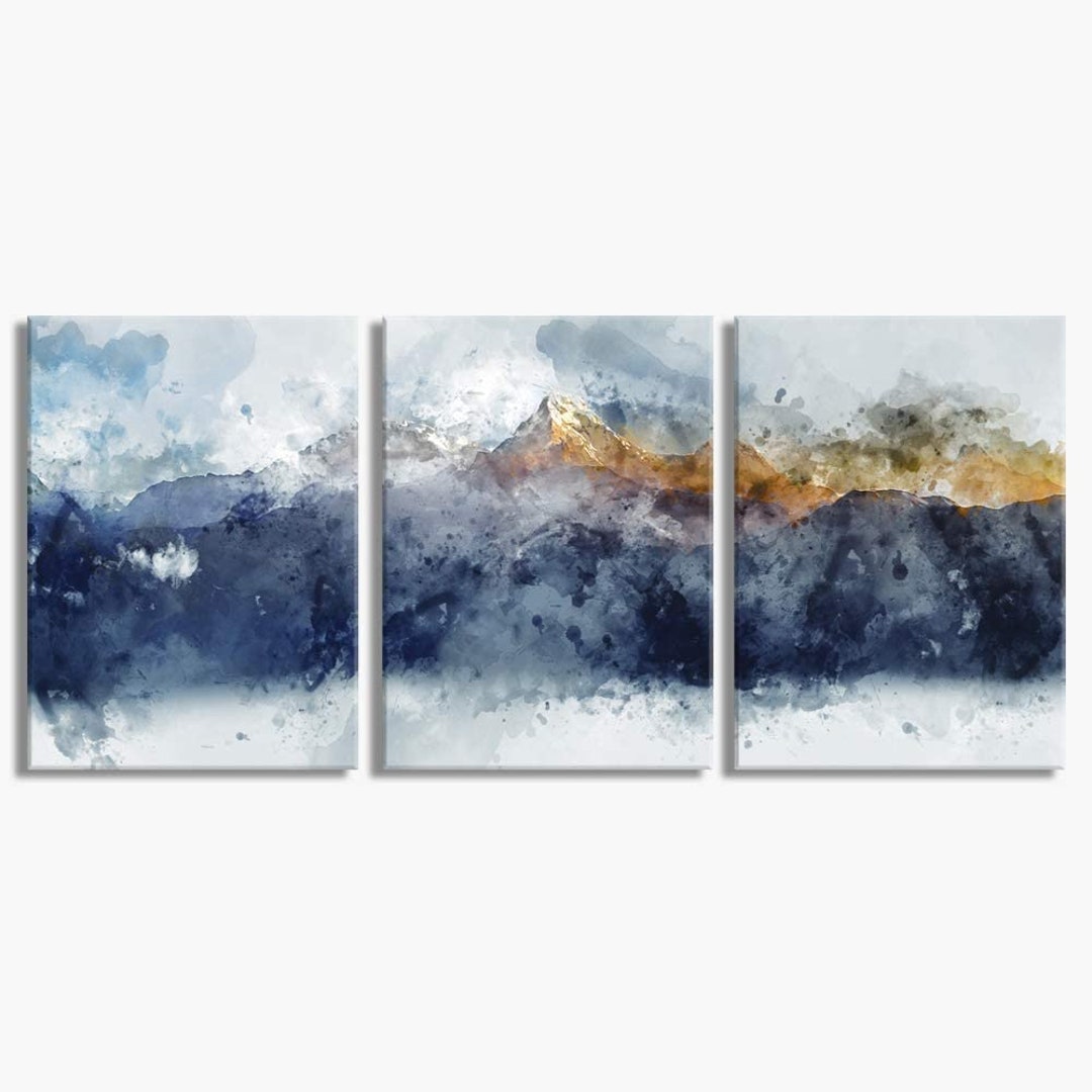 Navy Blue Abstract Mountains 3-piece Abstract Canvas Wall Etsy New Zealand