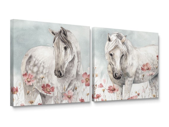 Watercolor Horse and Flower (2-Piece Set), Canvas Wall Art Home Decor, Gallery Wrapped & Ready to Hang