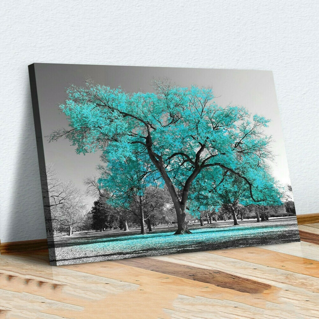 Large Teal Tree Canvas Modern Wall Art Painting Home Decor Etsy