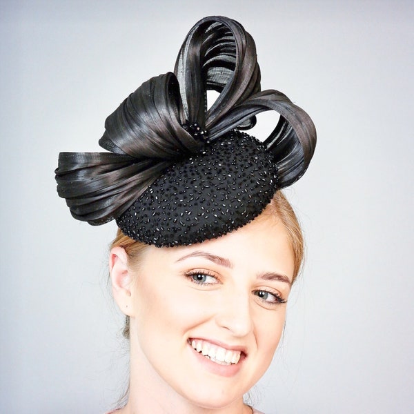 Black cocktail pillbox percher hat - ideal for wedding guest, cheltenham races, winter hat, can be customised - ‘Beaded Aurelia’