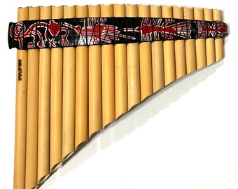 18 pijpen natuurlijke bamboe panfluit Nazca-ontwerpen - inclusief koffer
