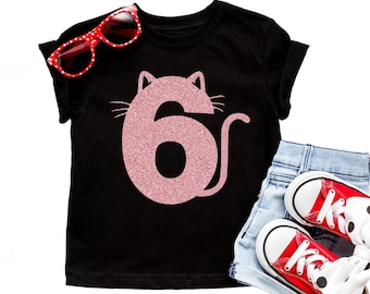 Hello 6 Birthday Shirt: Rose Gold Glitter Sixth Birthday Girl, Cat theme