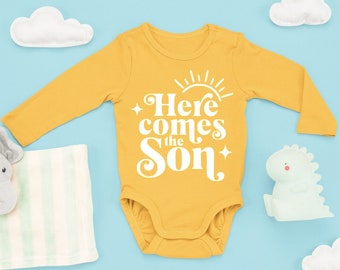 Here comes the son baby outfit, Summer baby bodysuit, Cute Yellow Baby outfit, Sun Baby bodysuit, Pregnancy announcement