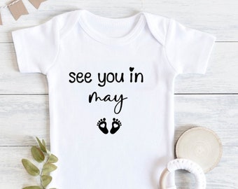 See you in May baby bodysuit, Pregnancy announcement, Baby reveal to husband, Cute Baby announcement