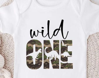 Wild One birthday bodysuit, Baby's First birthday, Baby boy birthday bodysuit, Camo theme birthday, Custom baby bodysuit, Dino Birthday