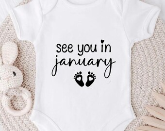 See you in January baby bodysuit, Pregnancy announcement bodysuit, Baby reveal, Baby announcement