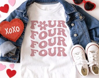 Hello Four 4th Birthday Girl Shirt: Groovy Glitter Tee