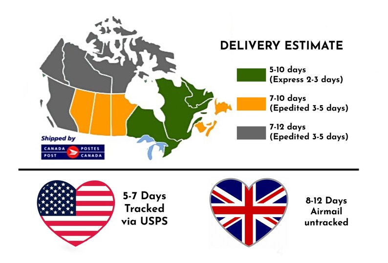 May include: A map of Canada with different colored regions showing estimated delivery times for packages. The map shows delivery times of 5-10 days, 7-10 days, and 7-12 days. The map also shows a heart with the American flag and the text "5-7 Days Tracked via USPS" and a heart with the British flag and the text "8-12 Days Airmail untracked".