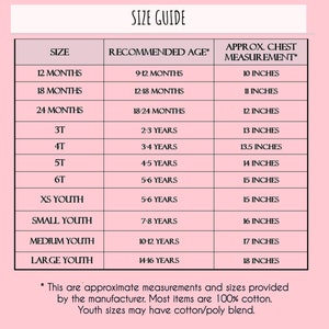 May include: Size guide chart for children's clothing with columns for size, recommended age, and approximate chest measurement in inches. The chart includes sizes from 12 months to large youth.
