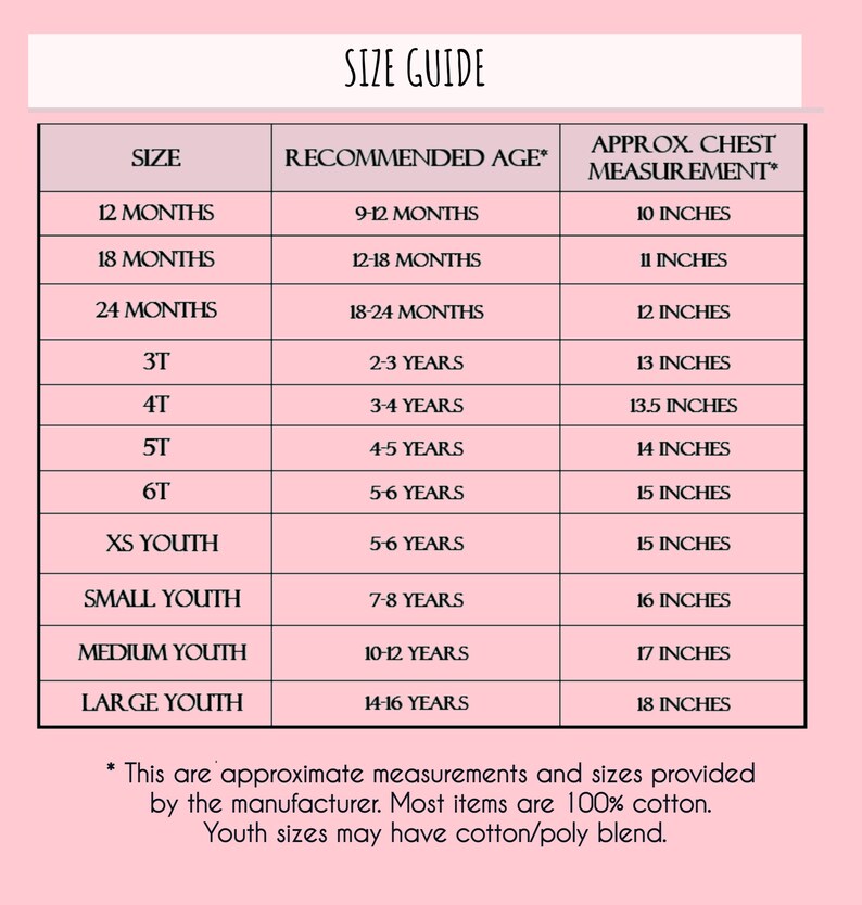 May include: Size guide chart for children's clothing with columns for size, recommended age, and approximate chest measurement in inches. The chart includes sizes from 12 months to large youth.