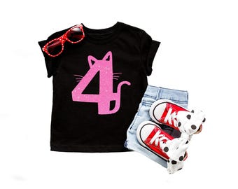 Cute cat birthday shirt, Kitty cat birthday shirt, FOUR birthday shirt, 4th Birthday girl shirt, 4 Birthday