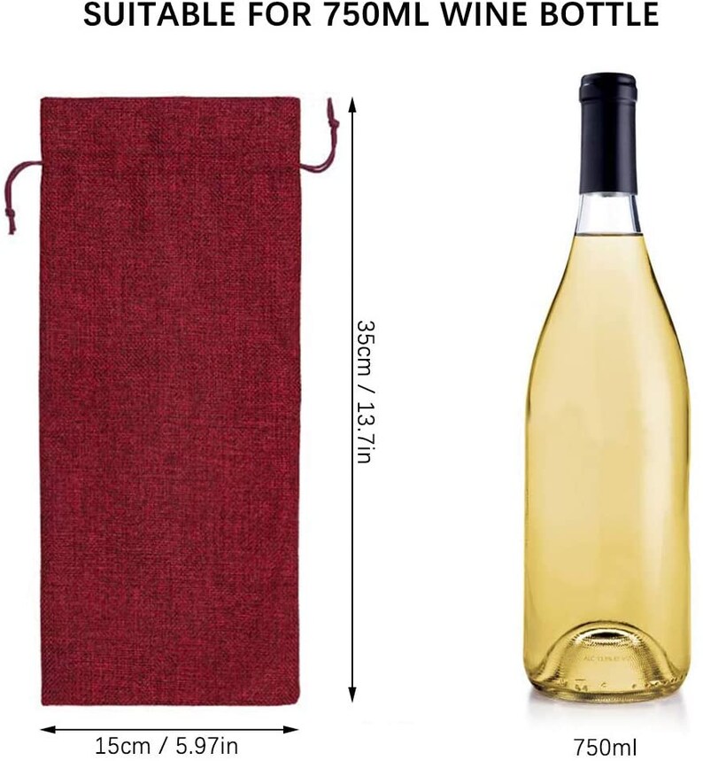 May include: A red burlap wine bottle bag with a drawstring closure. The bag measures 15 inches wide and 13.7 inches tall. The bag is suitable for a 750 ml wine bottle.