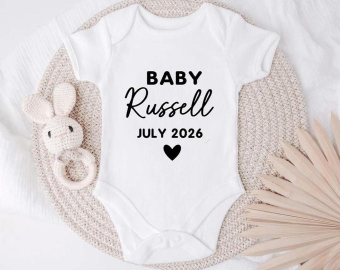 Featured listing image: Personalized Baby Bodysuit, Custom Name baby clothes, Due Date Announcement