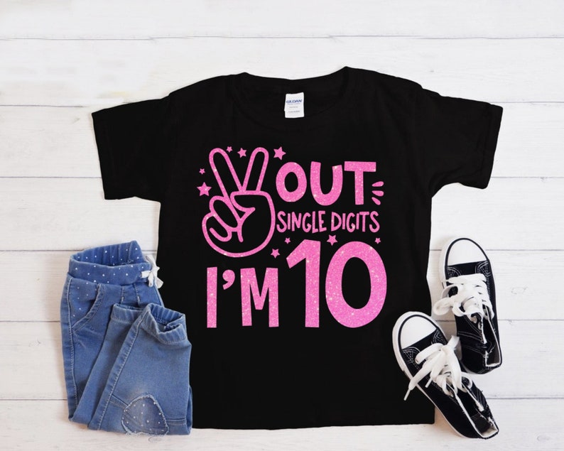 Chemise 10e anniversaire, chemise dixième anniversaire, cadeau 10e anniversaire, paix à un chiffre, j'ai 10 ans, bonjour 10, bonjour dix Black/Glitter Pink
